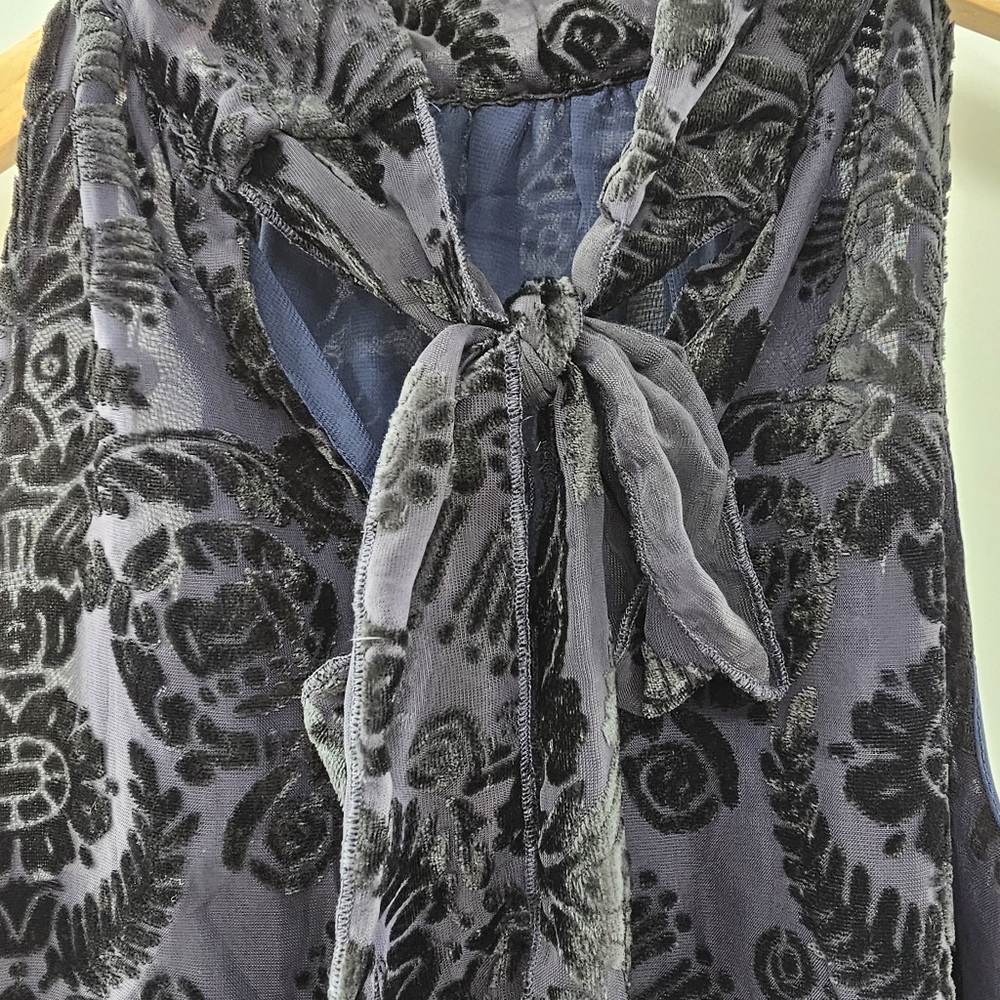 Max Studio Midnight Blue w/ Black Velvet Devore Sleeveless Tie Neck Top XSmall - Picture 7 of 13